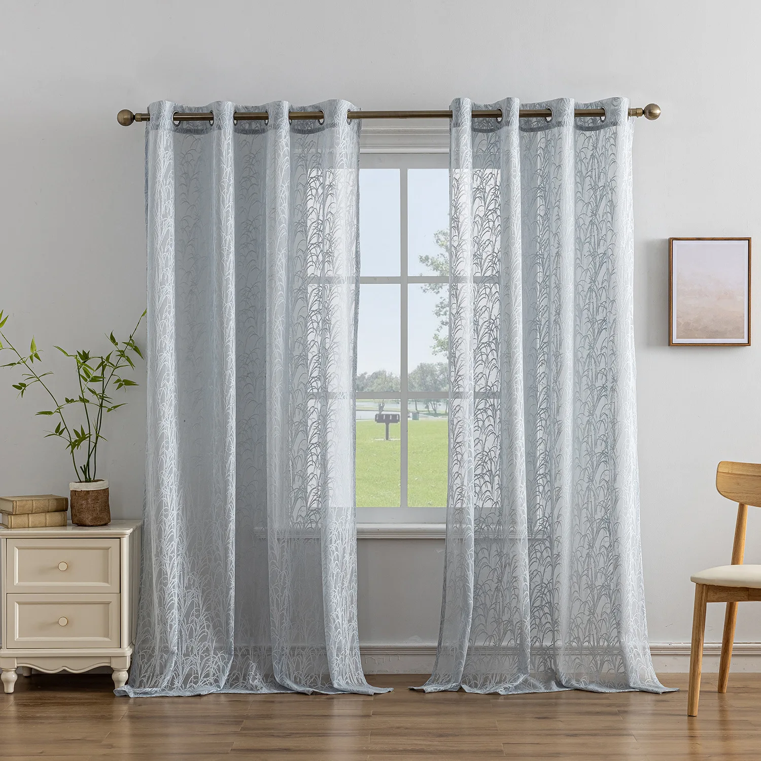 Light Blue Embossed Leaf Sheer Curtain Semi Sheer Window Voile Curtains For Home Bedroom Living Room Decor Custom Size