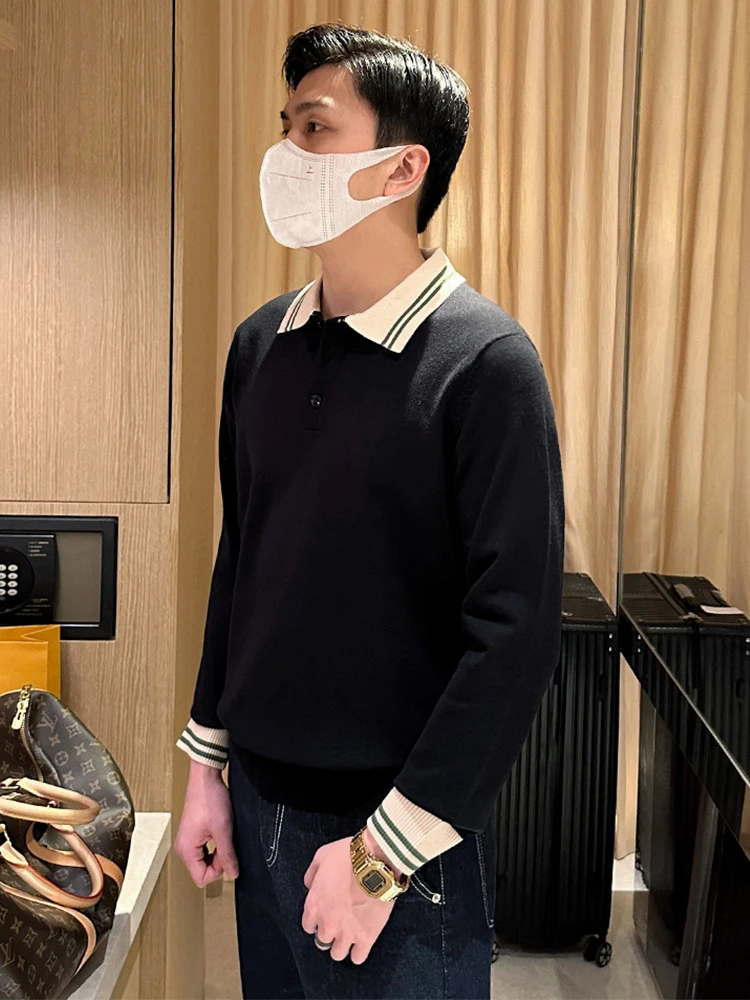 

Autumn Winter Men's Slim Fit irt Knitted Sweater Retro Briti Color Blo Collar Busin Casual Luxury Sle