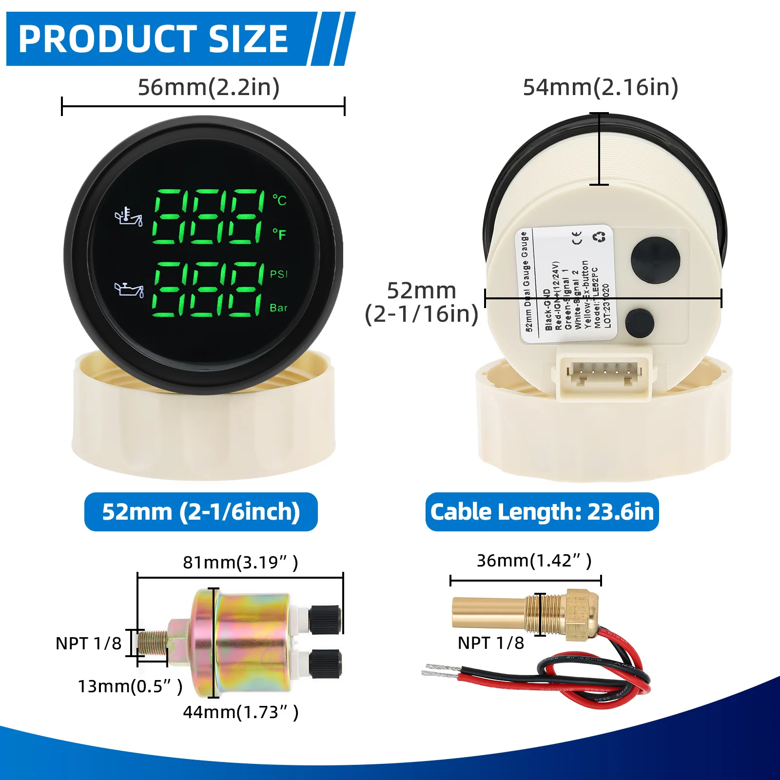 2 IN 1 Digital Oil Temperature + Oil Pressure Gauge 0-145psi Sensor Green Dual LED Display With Alarm For Boat Car Truck 12V 24V