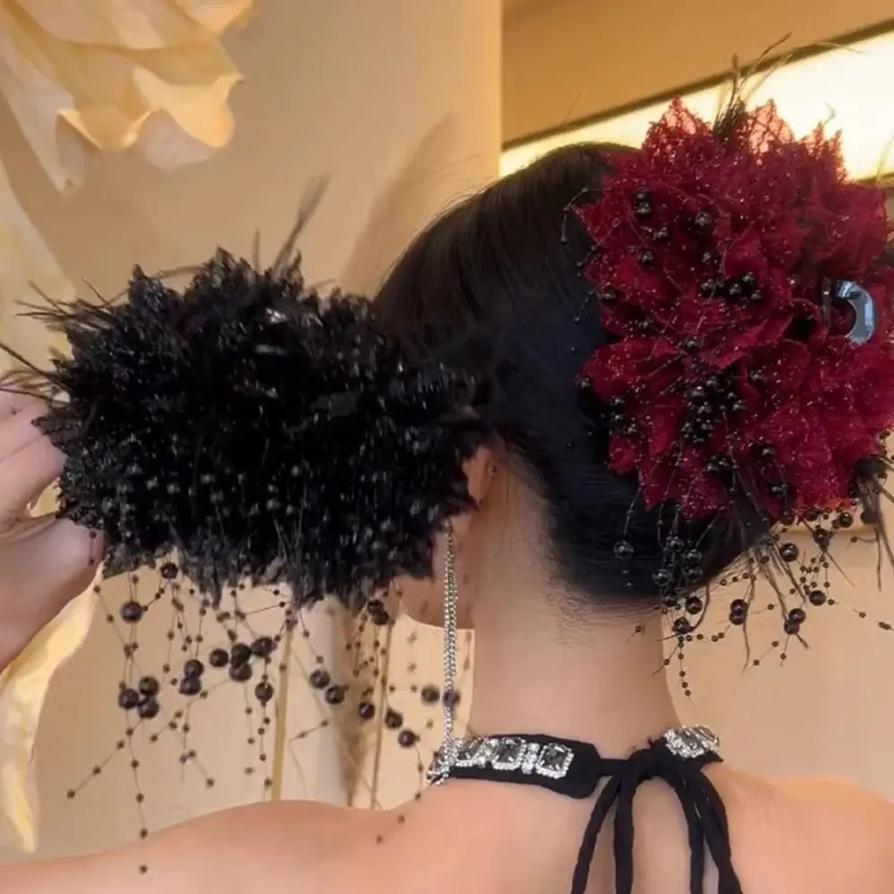 

Fashion Peony Flower Grasping Clip Sequin Plastic Flower Hairgrips Tassel Crab Hair Clips Women
