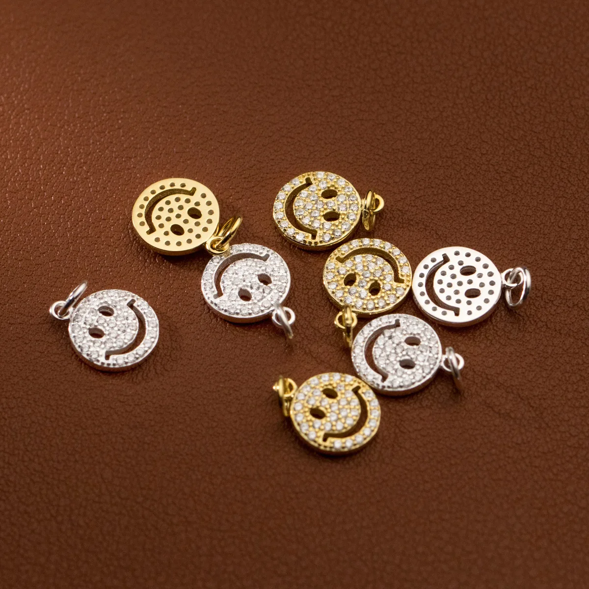 1pc/Lot 925 Sterling Silver Shiny Zircon Paved Round Smile Dangle Charms 12.5mm Silver/Gold Color Jewelry Pendants DIY Necklace