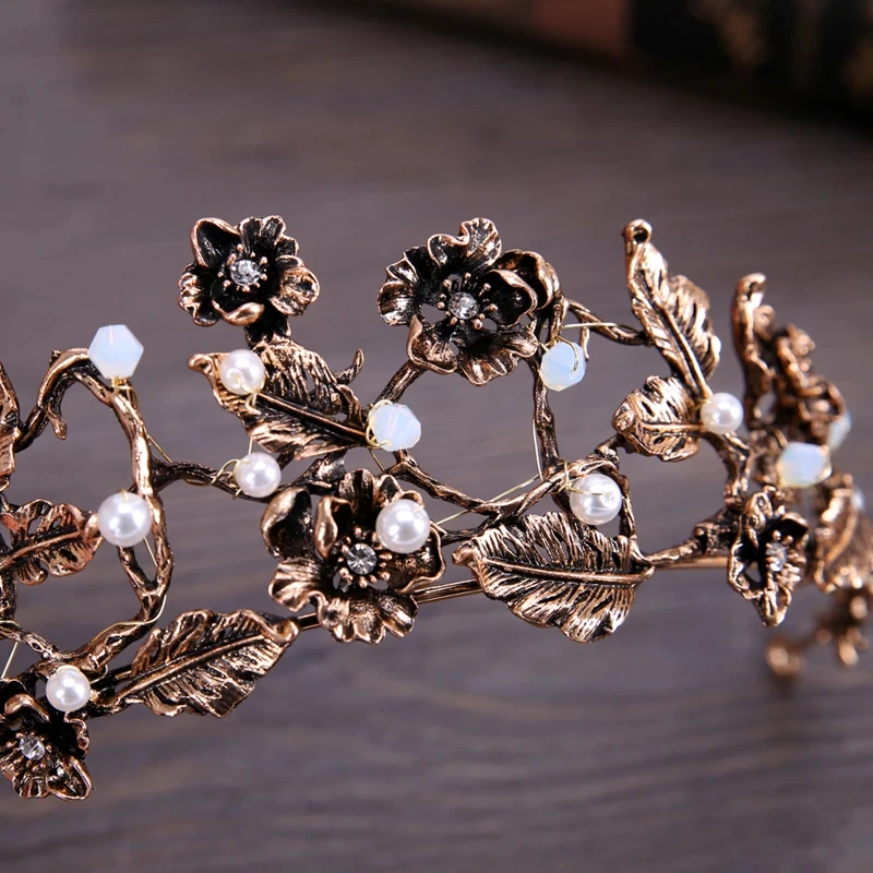 New Baroque Vintage Wedding Hair Accessories Bronze Rhinestone Pearl Tiaras and Crowns Bridal Women Jewelry Pageant Party image 4