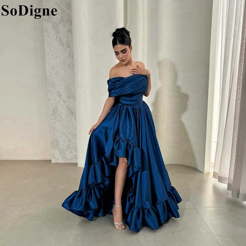 

SoDigne Elegant Royal Blue Satin Evening Dresses A-Line Off Shoulder Draped Ruffles Pleated Party Dress 2025 Prom Gown Customize