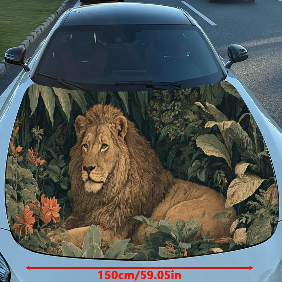 Peaceful Floral Lion Car Hood Stickers - Self-Adhesive, Waterproof and Durable Vinyl Wrap, Decorate And Protect Your Car, Fit Fo