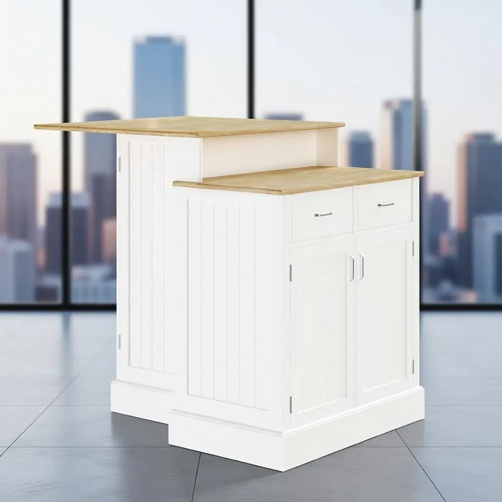White Kitchen Island with Storage, 2-Level Tabletop, Cabinets, Drawers, Adjustable Shelves, Suitable for Home Bar and Dining