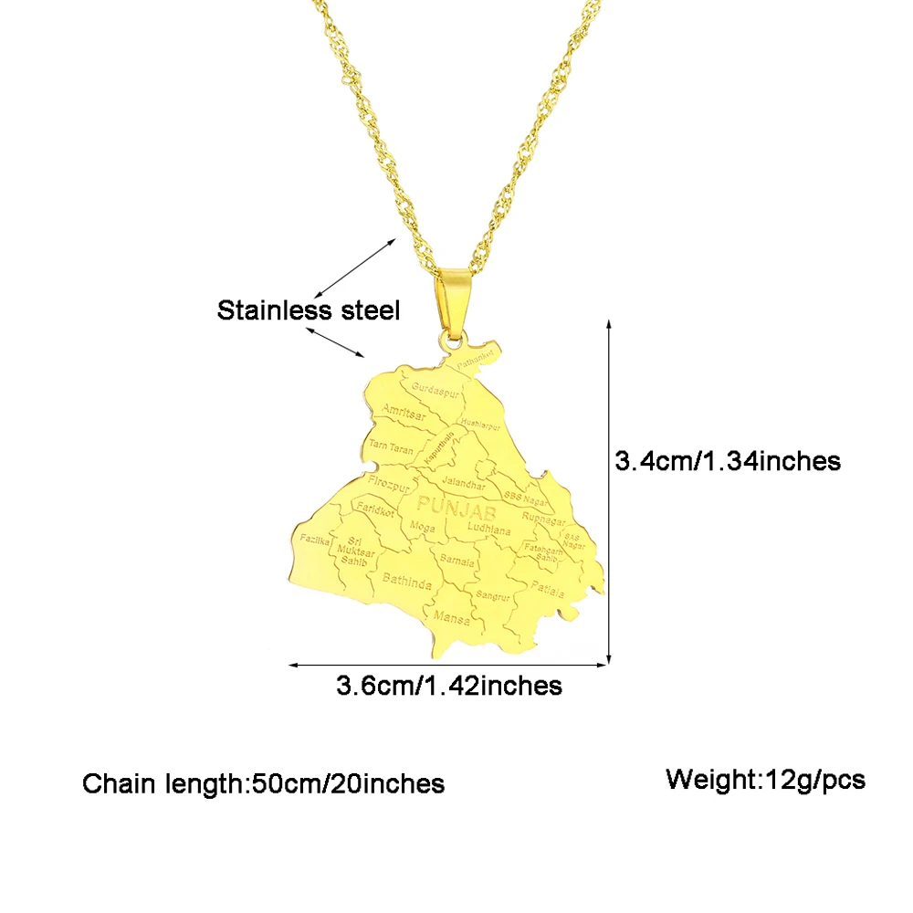 قلادة بدلاية من الفولاذ المقاوم للصدأ للرجال والنساء ، خريطة ولاية البنجاب الهندية ، الخرائط العرقية ، هدية المجوهرات