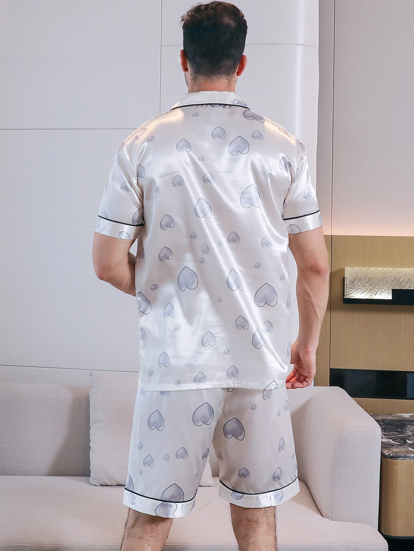 Pyjama à Manches Courtes pour Homme Ensemble Deux Pièces Vêtements de Maison Imprimés à Motifs de Cœur d'Objectifs d'Été