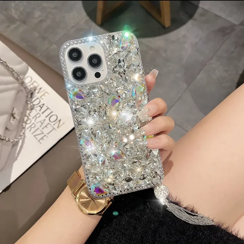 Casing iPhone 15 11 12 13 14 Pro Max X XR XS 7 8 Plus, sarung HP liontin rumbai Glitter berlian ungu