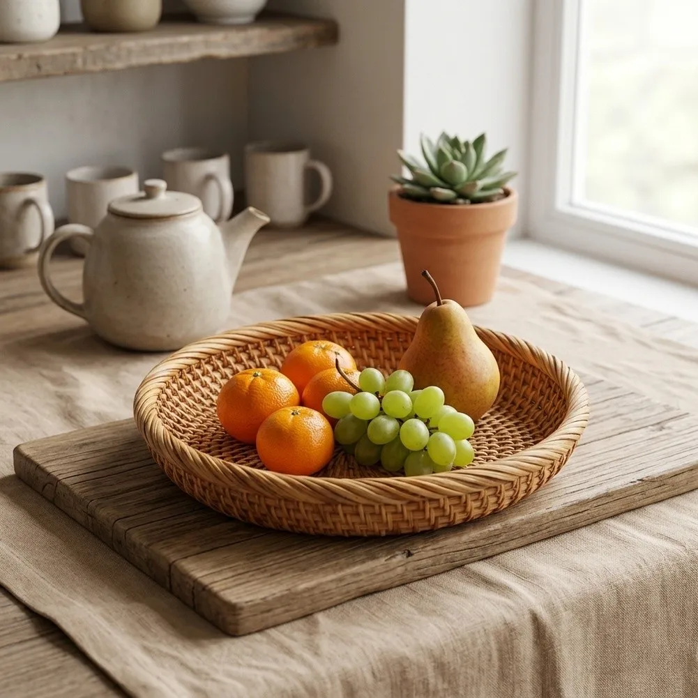 Natural Rattan Fruit Basket Round Shallow Tray for Home Decor Coffee Table Dining Table and Snack Organization