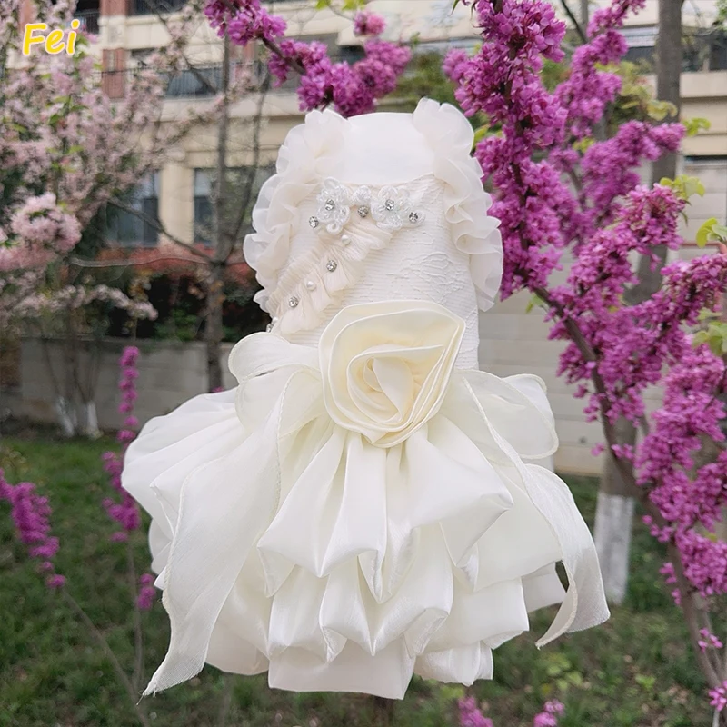 

Elegant Dog Dress for Weddings, Pet Apparel with Rose Detail, Ruffled Satin Skirt for Small Dogs, Party Costume for Dogs
