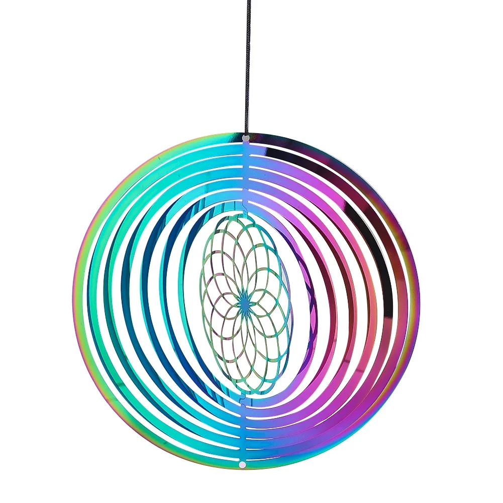 Rainbow Mandala Wind Spinner 3D Rotating Geometry Energy Flower Life Meditation Wind Chimes Pendant Fairy Garden Hanging Decor