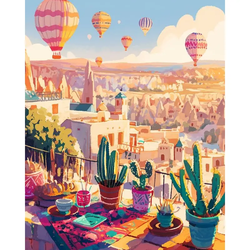 PhotoCustom Diy Rahmen Malen nach Zahlen für Erwachsene Kits Landschaft Heißluftballon Haus Zeichnung Bild nach Zahlen Starter Kit