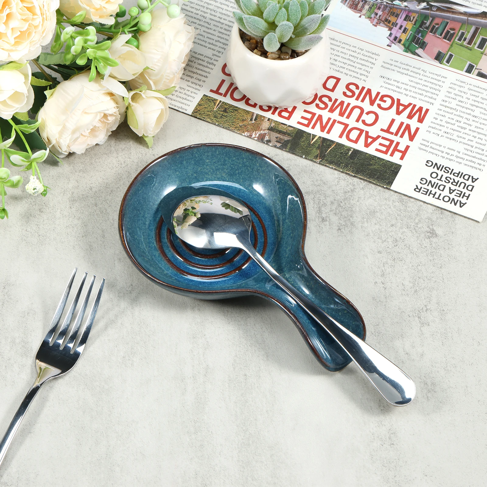 Spoon Holder Ceramic Spoon Rest Knife Fork Chopstick Filter Tray for Kitchen Counter Party Dining Table Seasoning Plate Dip Dish