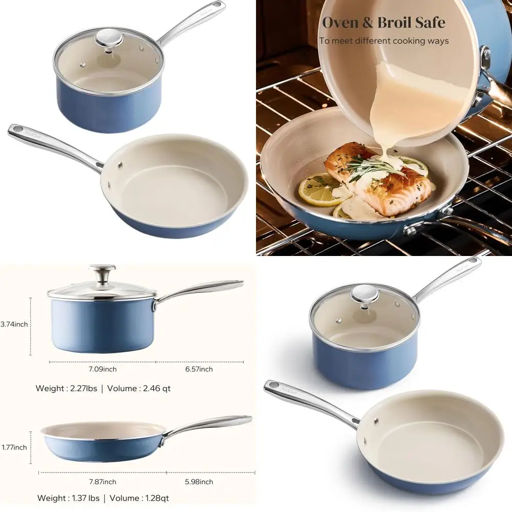 

Набор из 8 антипригарных сковородок и сотейника с крышкой из закаленного стекла объемом 2,5 л, с охлаждающей ручкой, без PFOA, безопасен для духовки и плиты, синий