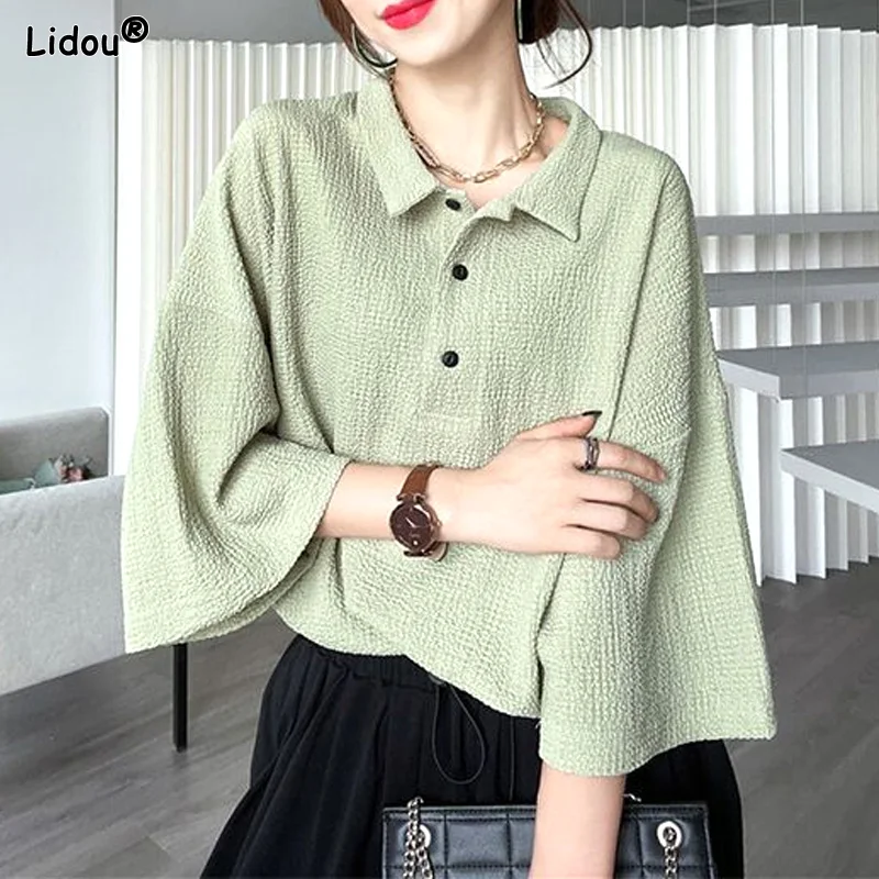 

Thin Spring Summer T-Shirts Solid Turn-down Collar Three Quarter Sleeve Button Temperament Fashion Casual Women's Clothing 2023