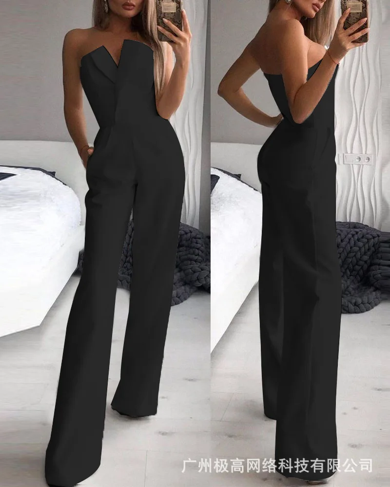 Elegant Slim Office Lady Black  Strapless Jumpsuits for women 2022 Summer New Sexy Sleeveless White Red Wide leg Jumpsuits