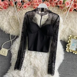 Chic V-neck Vintage Long Sleeve Elegant Lace Hook Flower Hollow Slim Top Korean Sexy Streetwear High Street Spring Autumn Blouse