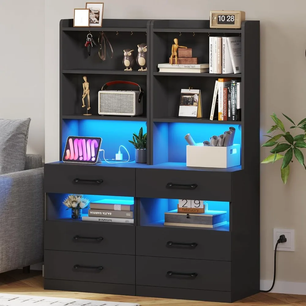 

Tall Nightstand Set of 2 with Charging Station and LED Lights,Black Night Stand Set 2 with Bookshelf,Modern LED Bedside Tables
