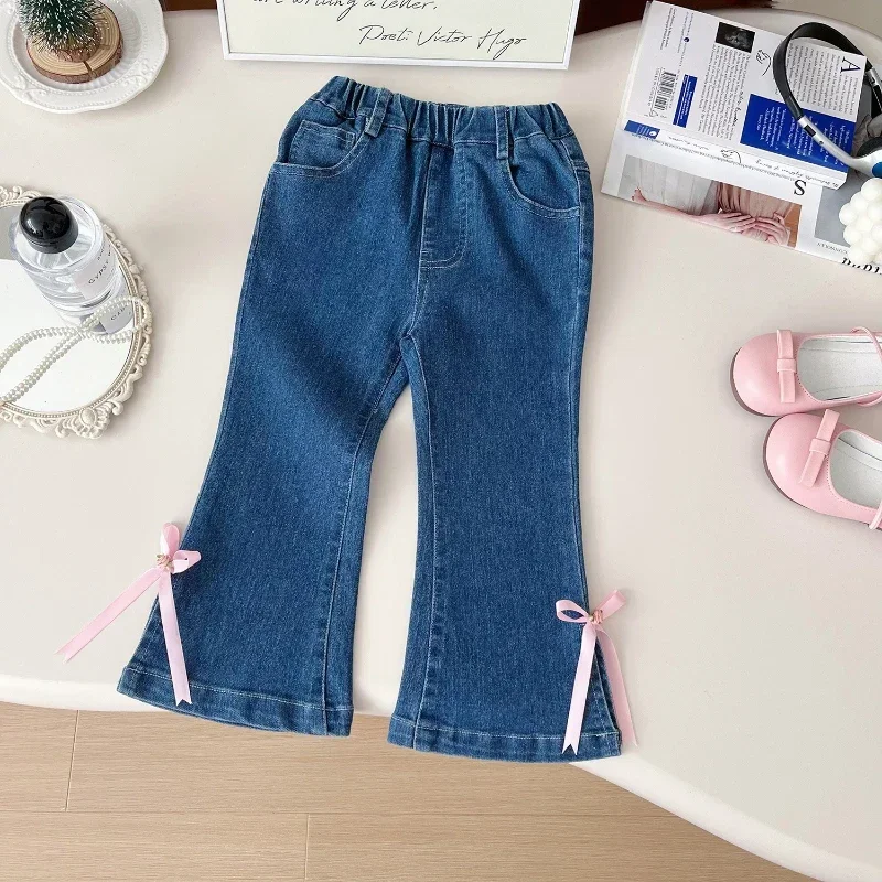 2024 Fall New Girls Micro Elastic Jeans Flare Jeans for  Girls with Bow Embellished Jeans  Girl Pants for 2-7yrs