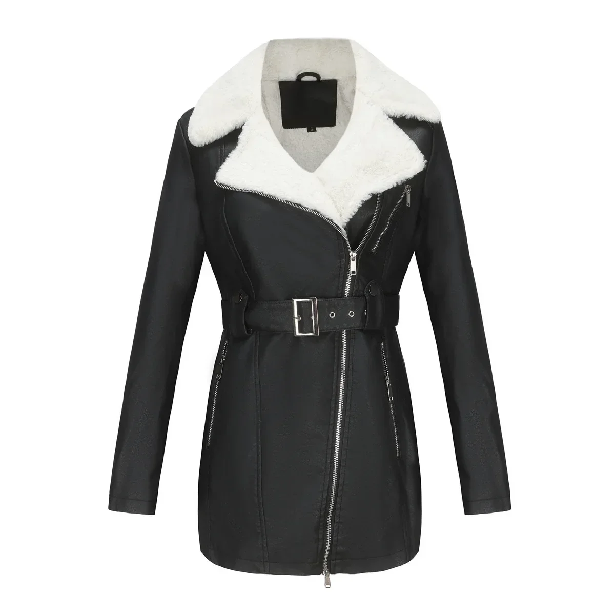 Chaqueta de piel sintética para mujer, abrigo cálido de manga larga con cinturón y cremallera de doble cabeza, solapa y forro polar, novedad de