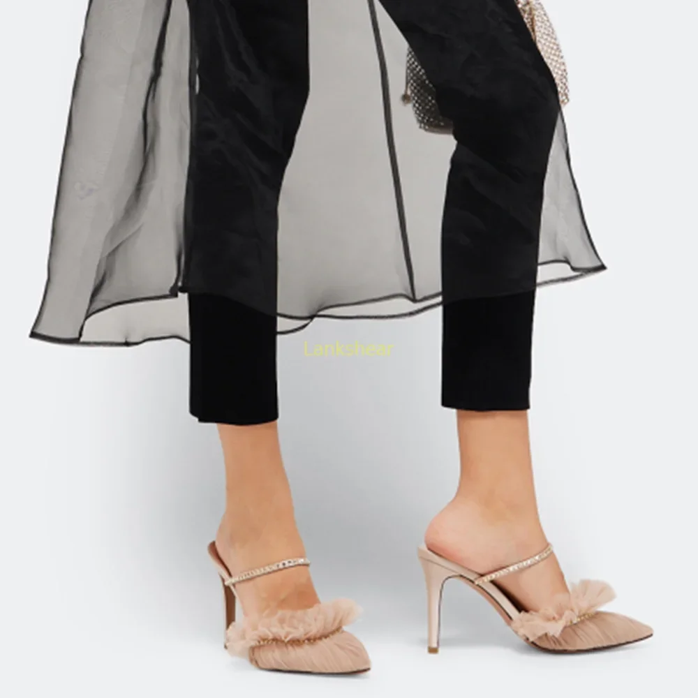 كريستال تول البغال مثير أشار تو كعب رقيقة الصلبة الانزلاق على Slingback الكاحل الاعوجاج الوافدين الجدد موضة النساء الأحذية الحديثة