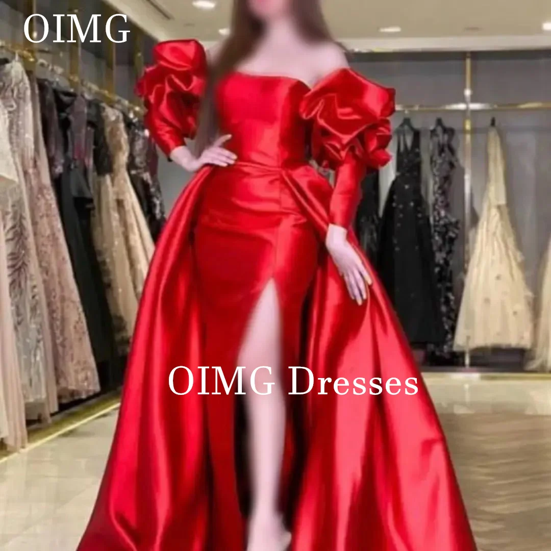 

OIMG Saudi Prom Dresses Strapless Floor Length Long Sleeves High Side Slit Satin Vintage Simple Evening Gowns Formal Party Dress