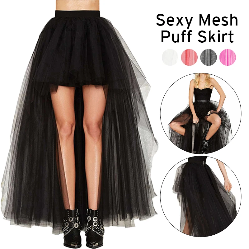 Women Fashion Long Tulle Skirt Elegant Princess Sexy Style Irregular Mesh Tutu Skirts Lolita Vintage Mini Puffy Skirt