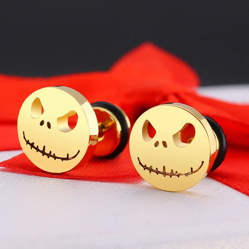 Fashion Titanium Round Cake Stud Earrings For Men Women Halloween Pumpkin Head Earings Stainless Steel Jewelry Evil Eye