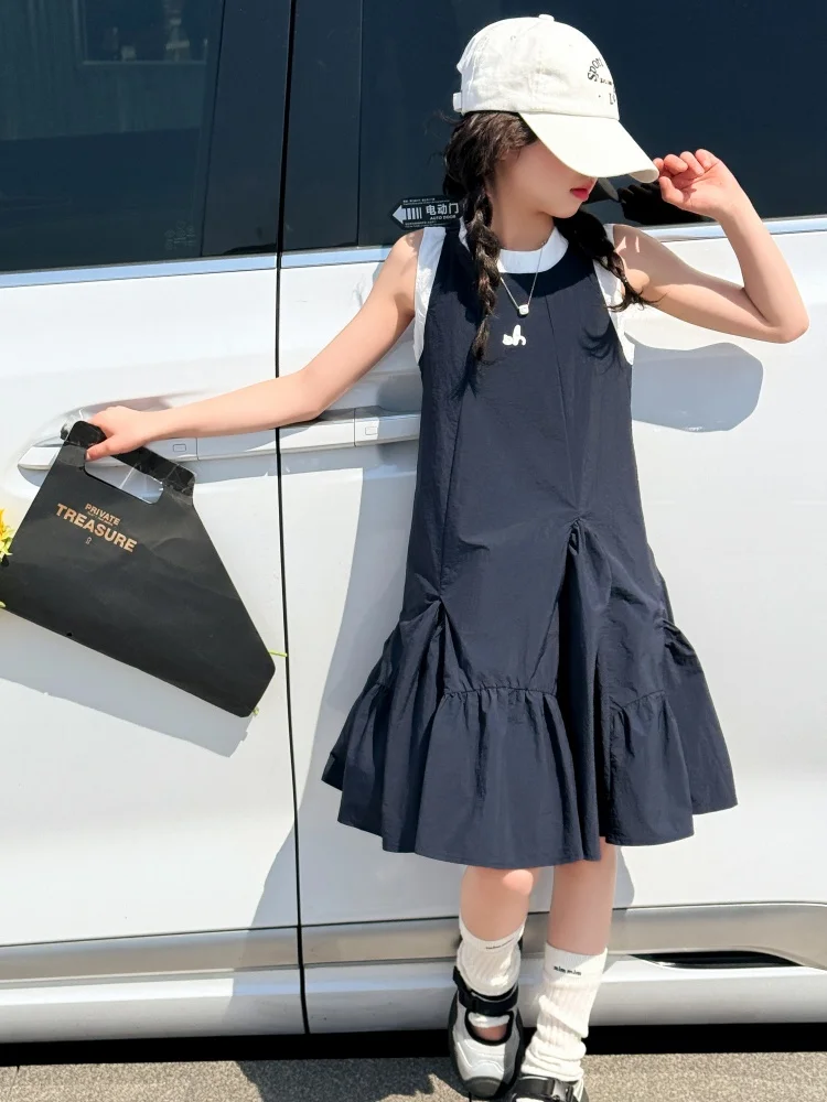 甘い韓国風女の子サマードレス薄い小さな女の子プリンセススカートミッドレングスノースリーブハイウエストソフトコットン普段着
