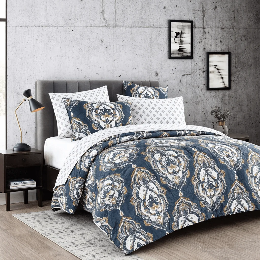 5/7-Piece Medallion Bed in a Bag Set, Blue/Gold/White Coin Pattern Printed Comforter Bedding with Sheets Set, Twin/Twin XL/Full/Queen/King Size