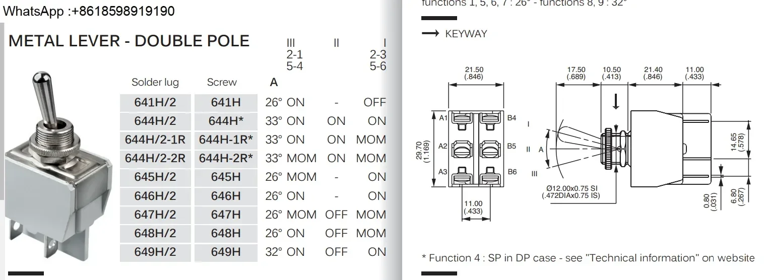 641H/2 645H 646H Interruptor de cabeça móvel 647H 648H 649H Interruptor de botão 644H