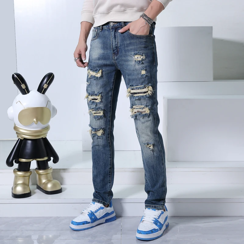 Street fashion motorcycle jeans men's ripped skinny trendy casual stretch slim fit Blue small feet handsome pants