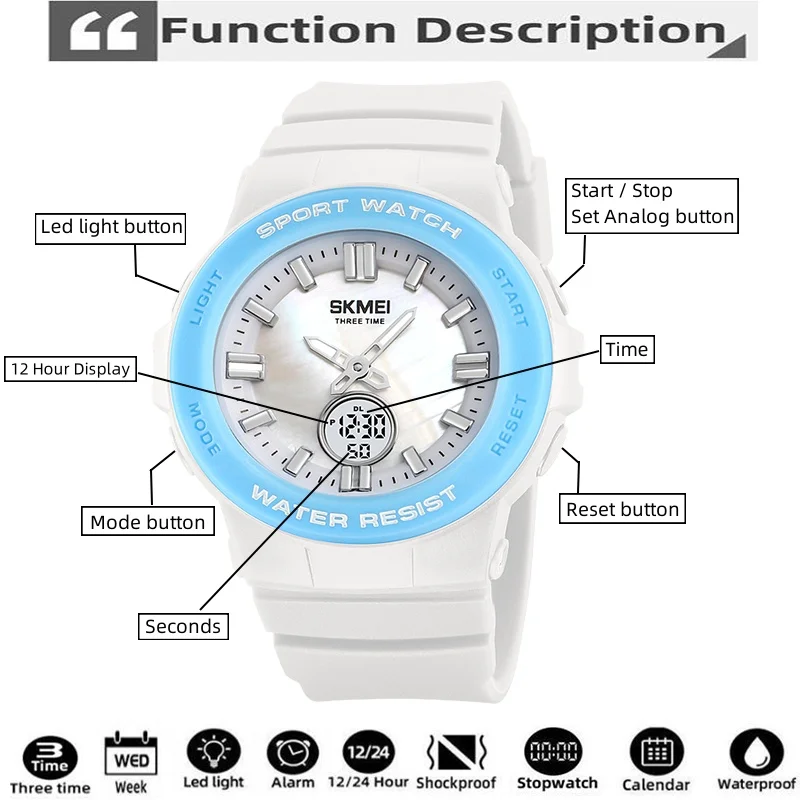 Skmei Women Quartz Analog Watches Three Time Zone Digital Sports Wristwatch Led Waterproof Female Alarm Clock