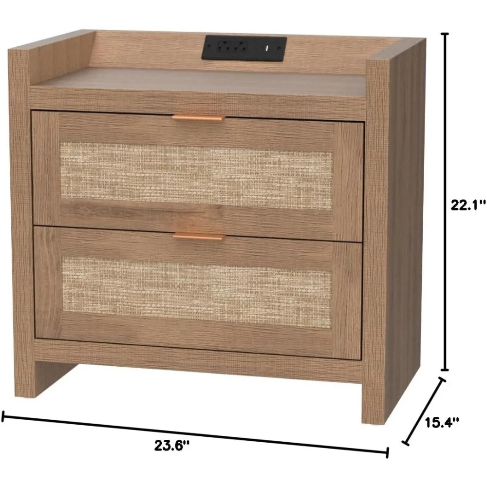 Rattan Nightstand End Table : Large Night Stand with Type-C Charging Station & 2 Rattan-Like Decor Drawers -  Natural Oak