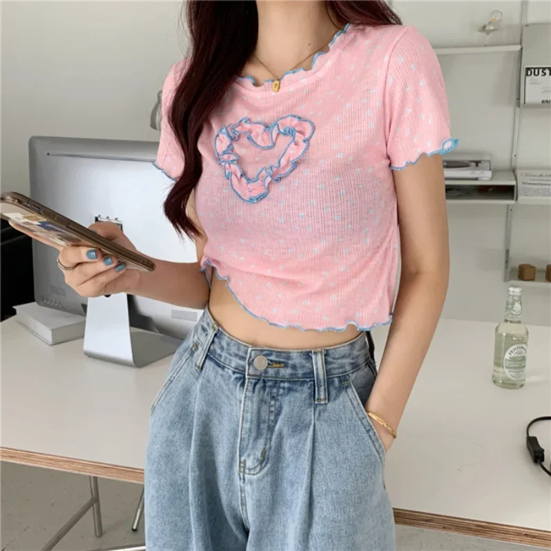 Women Korean Chic Polka Dot Printed Slim Fit T-shirts Girlish Style Cute Heart-shape Short Sleeve Crop Tops Female Casual Tees