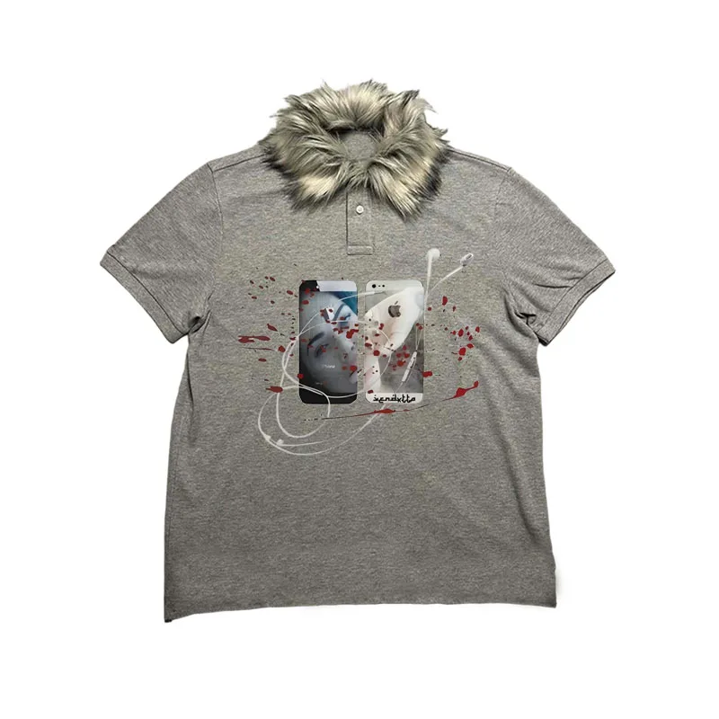 Senhoras inverno nova moda harajuku rua na moda impresso gola peluda manga curta combinação camiseta gótico y2k roupas