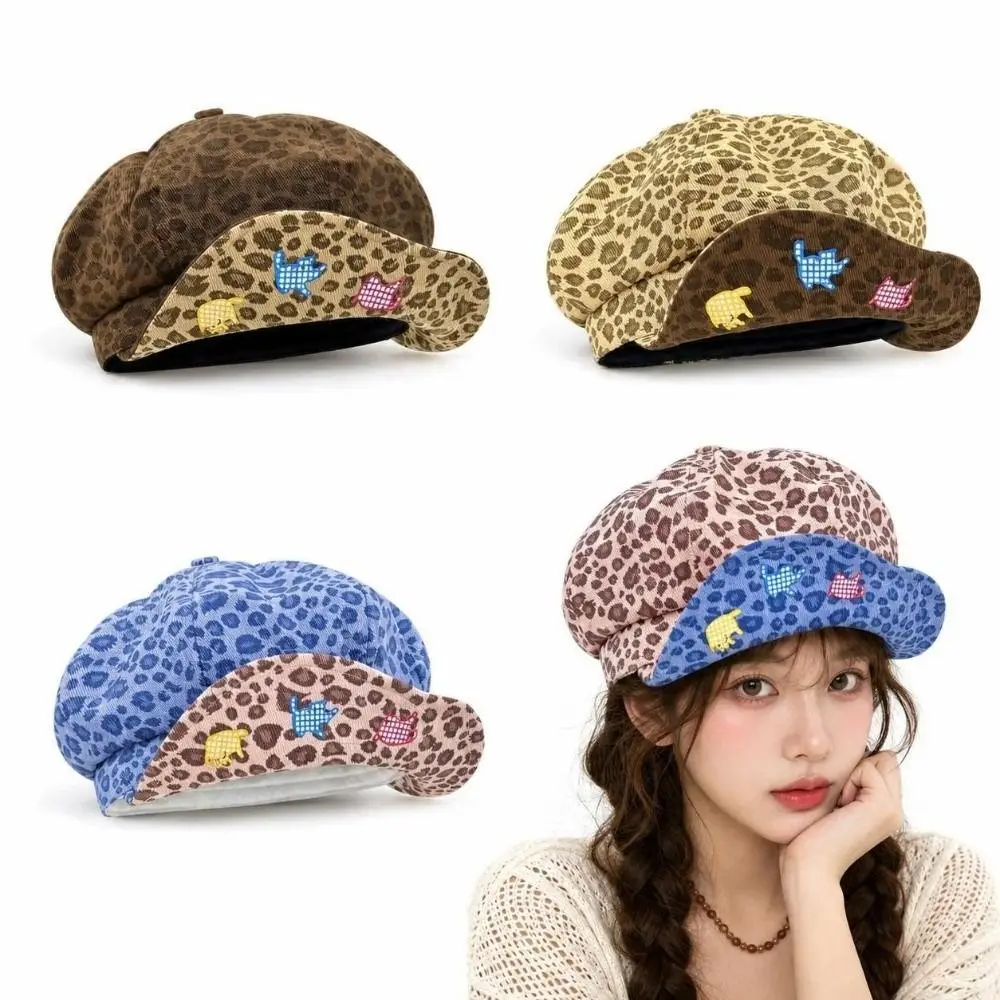Casquette Gavroche Imprimé Léopard à Large Bord, Béret Nuage à Bord Relevé, Style Américain Tendance et Décontracté