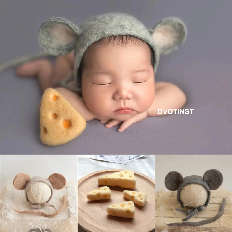 

Newborn Photography Props for Baby Cute Handmade Wool Mouse Hat Tail with Cheese Fotografia Decors Accessories Studio Photoshoot