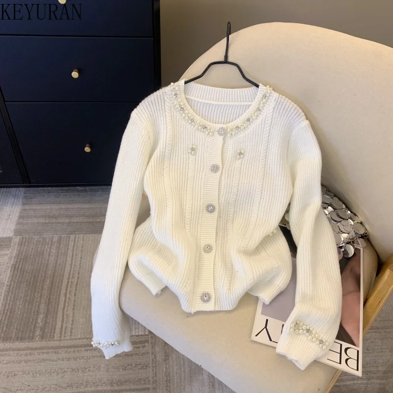 

Beading Knitted Cardigan Sweater Women's Korean Fashion Autumn Winter Sweet Girls Elegant Cropped All-match Daily Knitwear Coat