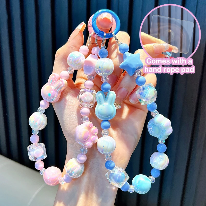 Y2K Cute Rabbit Bead Phone Case Lanyard Ins Style Candy Color Beaded Phone Chain Bracelet Keychain Car Key Holder Camera Pendant