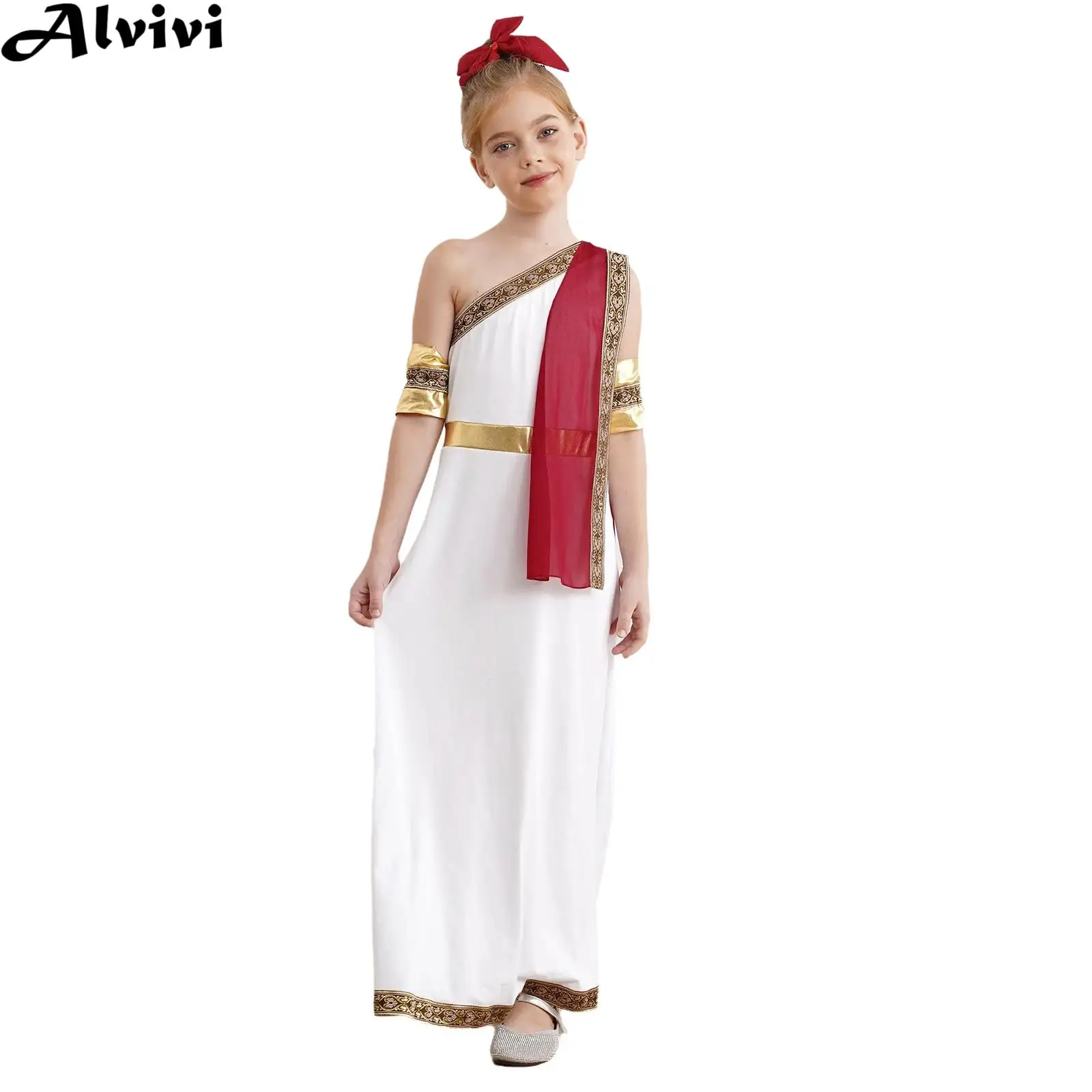 

Kids One Shoulder Ancient Greek Roman Toga Robe with Cuffs God Goddesses Caesar Cosplay Costume for Halloween Carnival Party