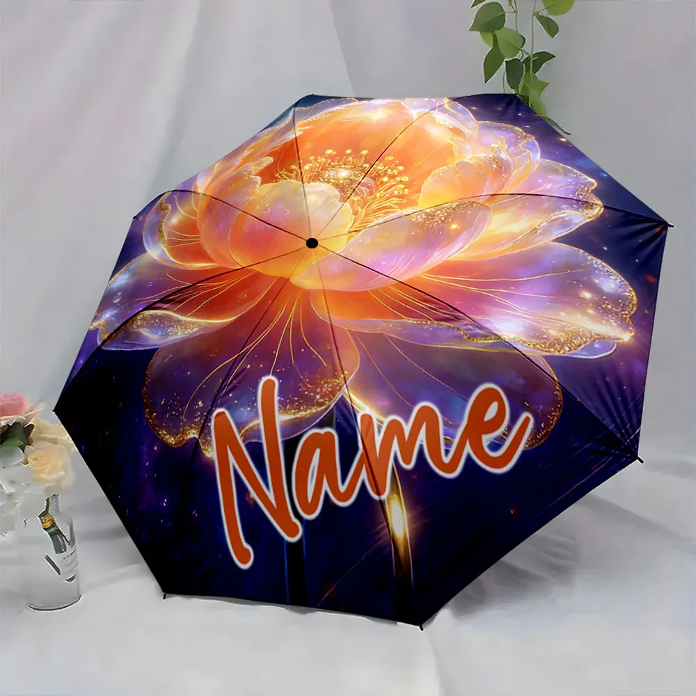 Custom Name Floral Essence Illuminated on Umbrella Canvas Print 8 Iron Ribs Folding Umbrella Auto-Open Fashion Sunshade