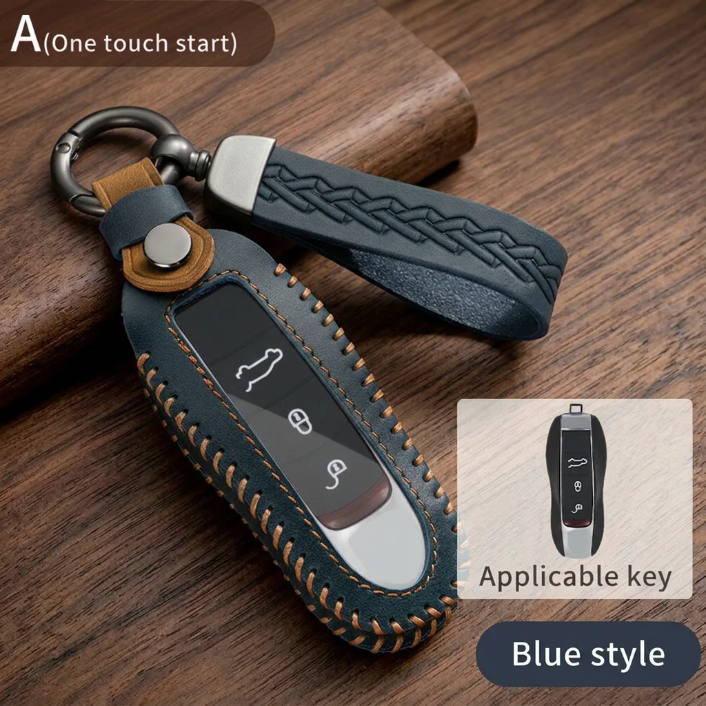 

Leather Car Key Case Cover for Porsche Cayenne Panamera Macan 911 718 Taycan Boxster Cayman Remote Fob Protector