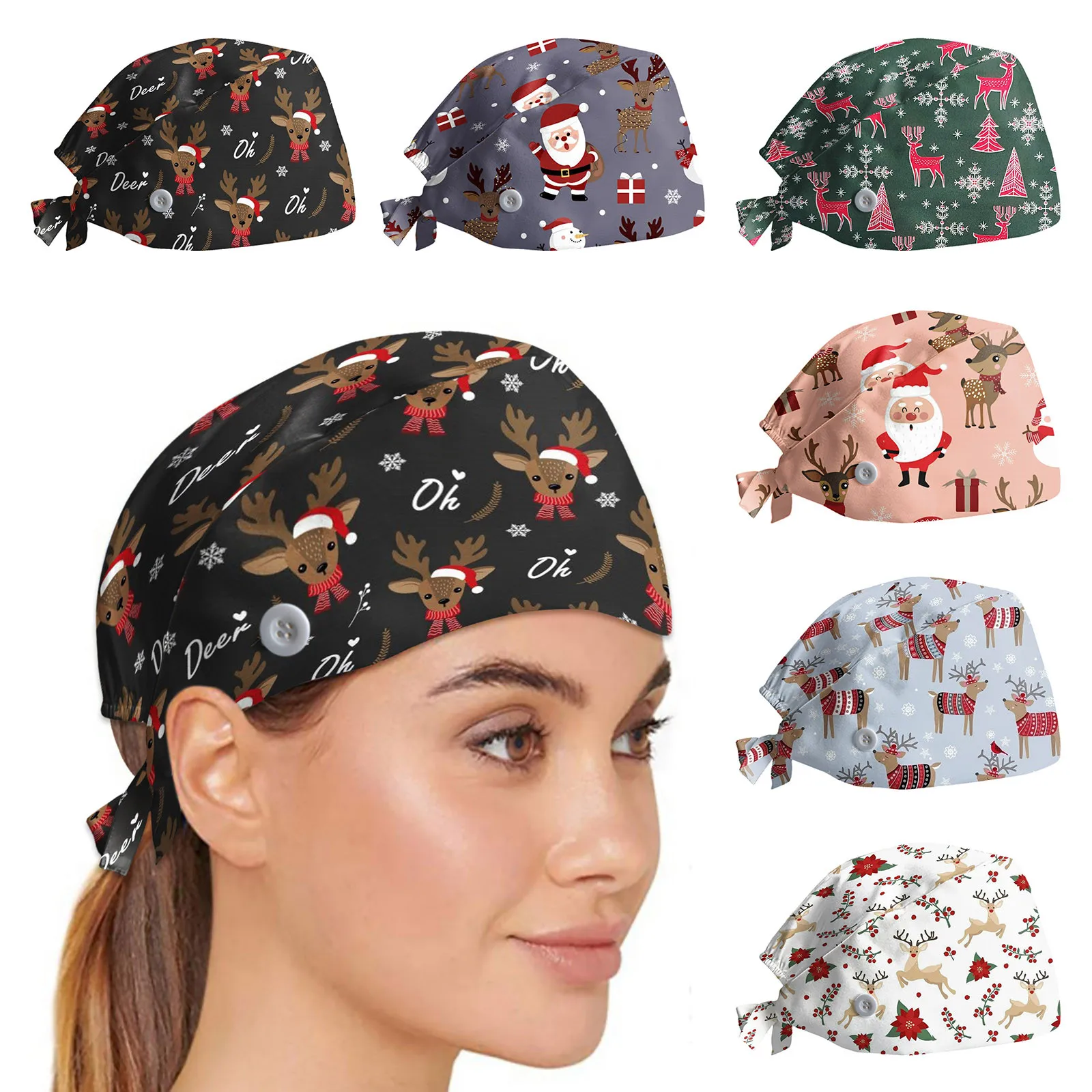 Scrubs Caps Vrouwen Verpleegkundige Uniformen Kerst Cartoon Elanden Kerstman Verstelbare Stand Oor Hoed Verpleging Scrubs Uniformen Accessoires