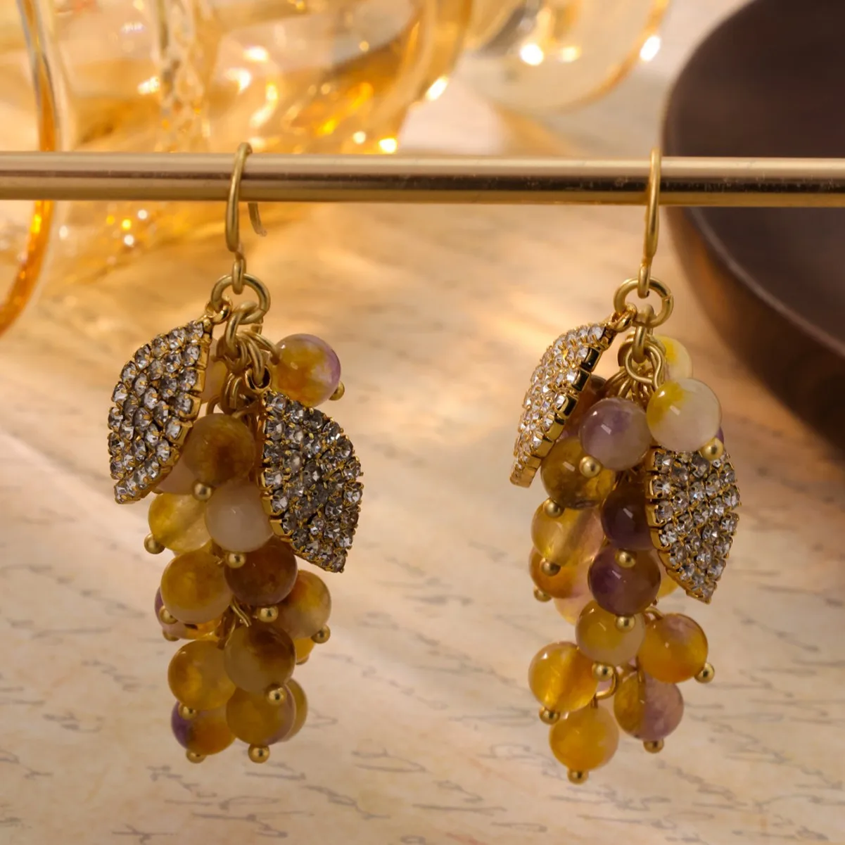Medieval Vintage Western Retro Grape String Agate Colored Stone Earrings Electroplating Simple Light Luxury Versatile Models