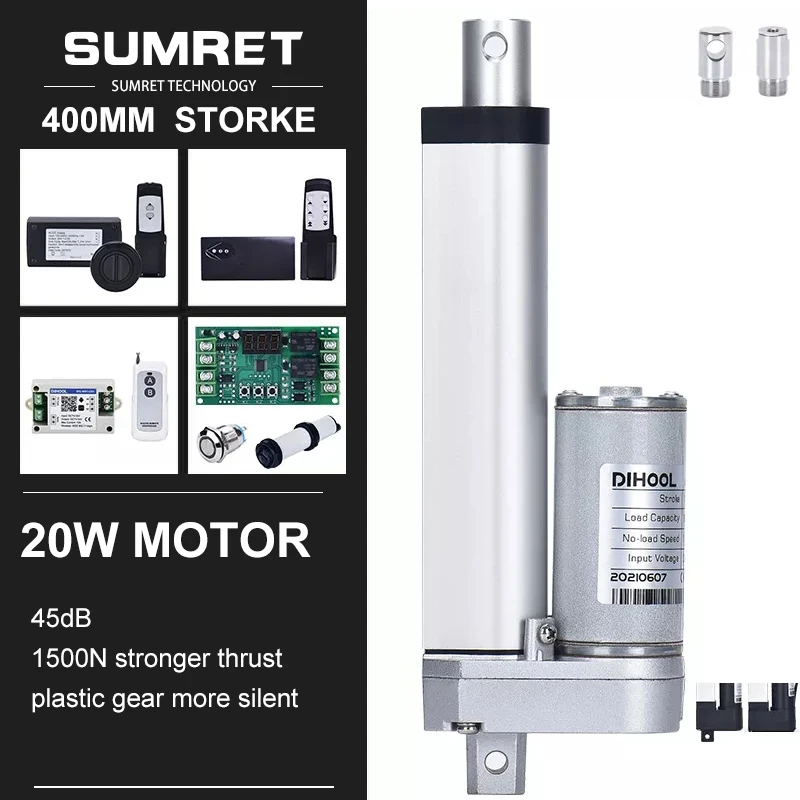 400mm Stroke Electric Linear Actuator RF Controller Kit WIFI Remote Control DC12V 24V 30MM/S 1500N 20W Motor Power Medical Bed