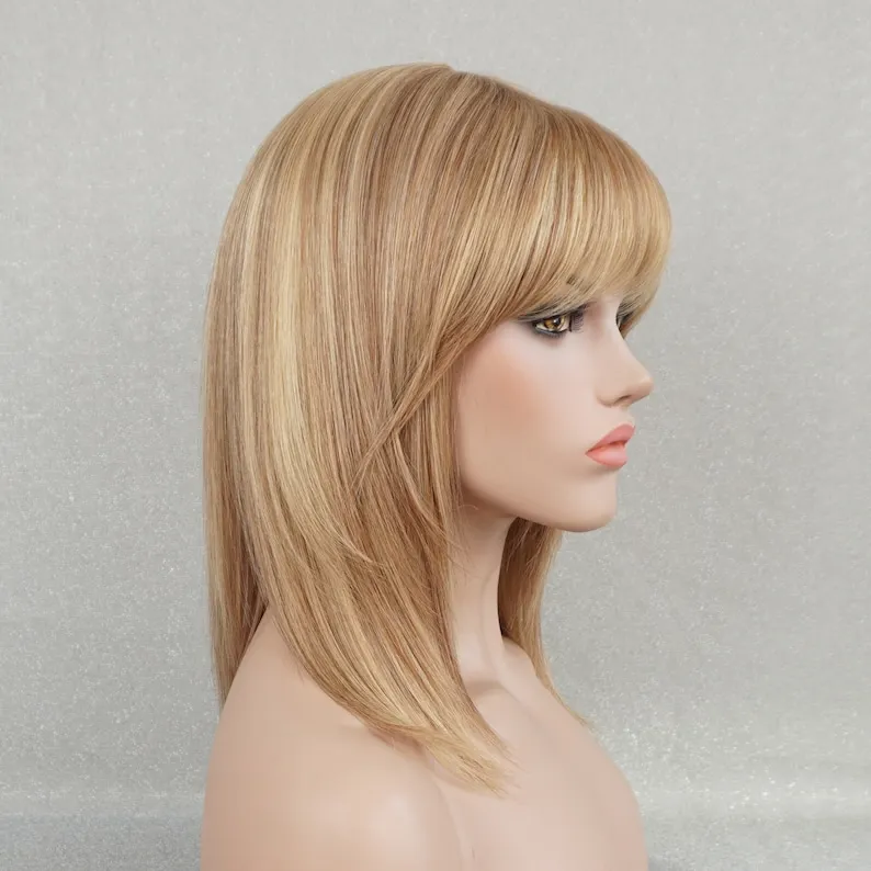 Blonde Menschenhaar volle Perücke Kappe Dichte 12 in mittellanger Bob Cut leimlose Perücke mit Knall blonde Highlights Perücke für Frauen