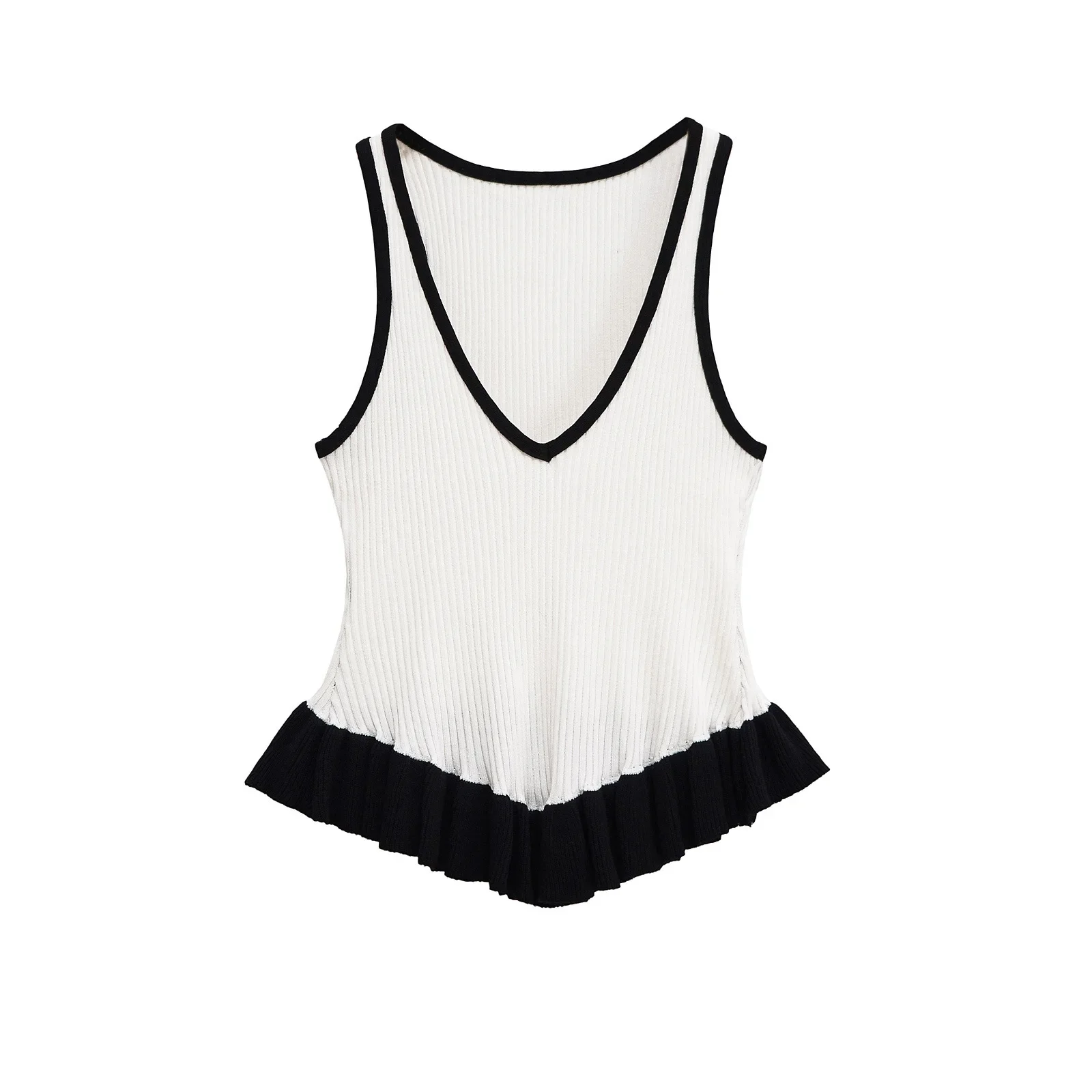 

2026 Summer New Color Blocking Decoration Spliced Hem Knitted T-shirt Top for Women