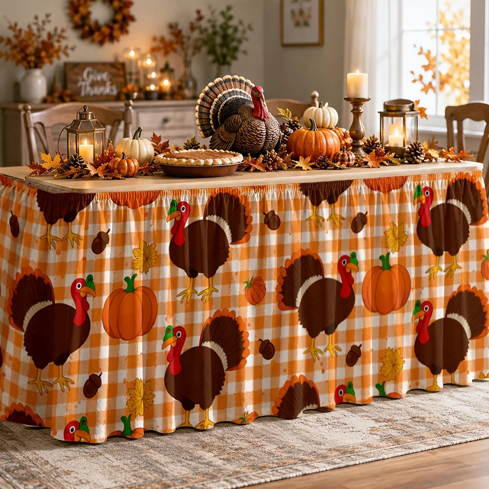 Table skirt / tableskirt - Autumn Harvest Theme - Orange check pattern - Turkey pumpkin design