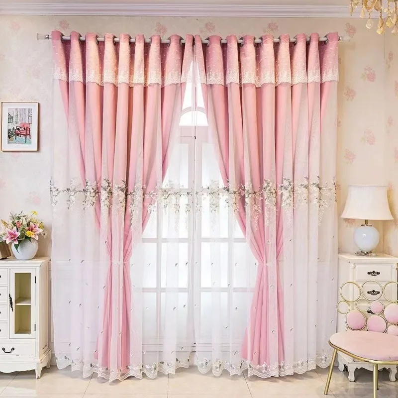 Modern Simple Pastoral Embroidered Double-layer Solid Color Full Blackout Window Curtains for Living Dining Room Bedroom Villa